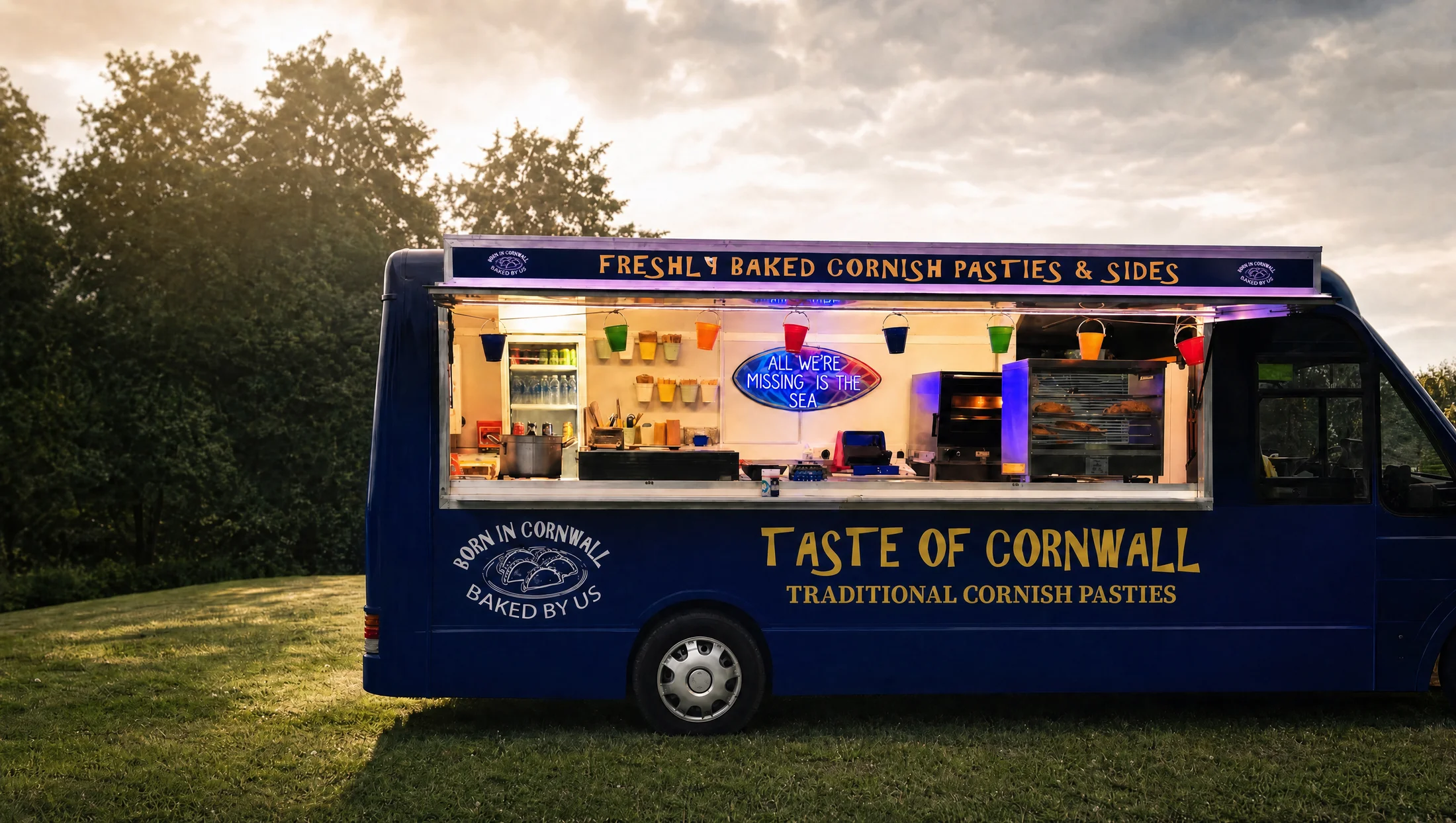 The Pasty Bus at golden hour: a navy bus with yellow Taste of Cornwall lettering, serving hatch lit and open on a field.