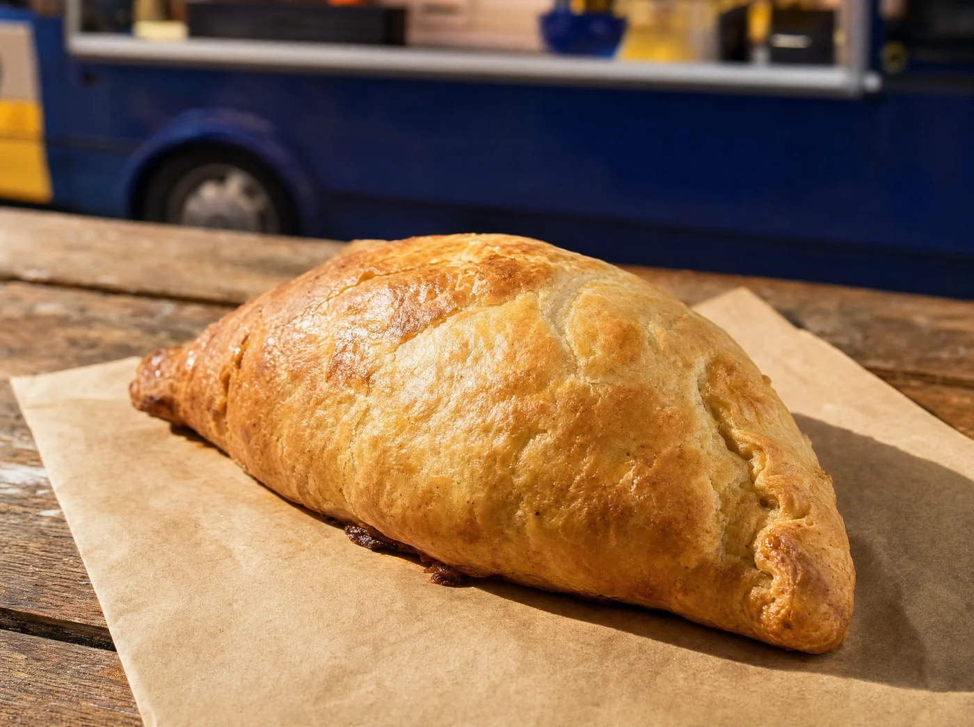A golden, side-crimped Cornish pasty on brown paper